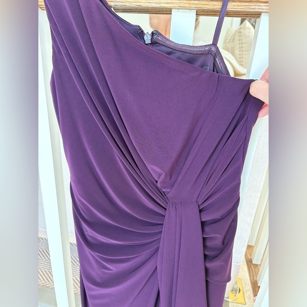 Adrianna Papell Purple One Shoulder Ruched Gown